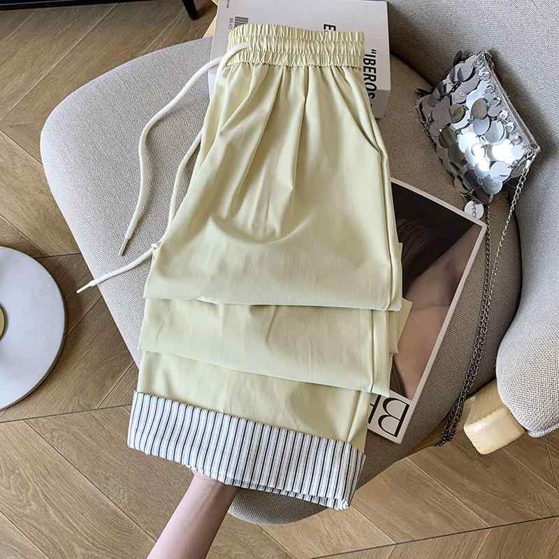 パンツ レディース ストライプ 切り替え ロールアップ ワイドレッグパンツ ゆったり ストレート ホワイ..