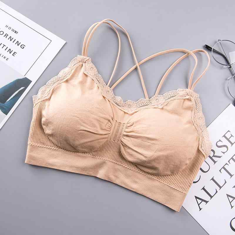 ブラジャー レディース チューブトップ ベアトップ レース 花柄 ノンワイヤー インナー 肌着 下着 背中見せ クロスストラップ ベージュ系(x3)