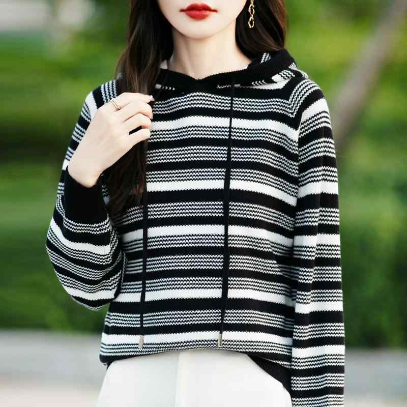 ニット レディース 綿糸 長袖 フード付き 厚手 ボーダー柄 プルオーバー トップス 春秋 普段使い 通勤 ゆったり 紺色 茶色 黒色 赤色