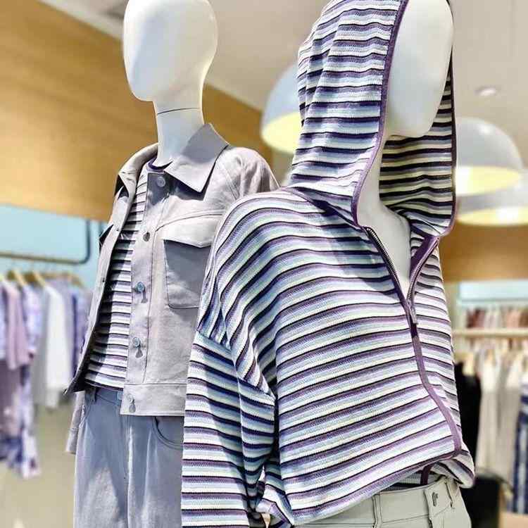 カーディガン レディース コットン 薄手 レトロ フード付き ストライプ柄 ニット 春物 ラベンダー色 普段使い