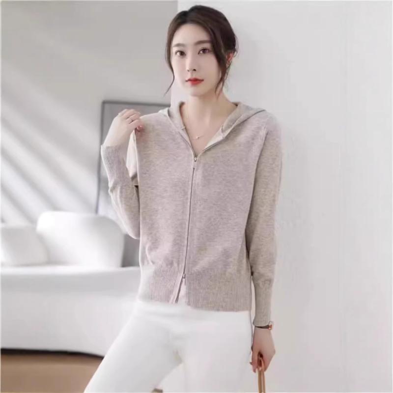 カーディガン レディース ニット ジップアップ パーカー トップス カットソー 秋 無地 長袖 フード付き..