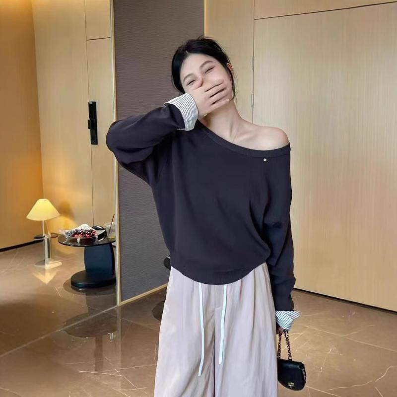 ニット レディース 春秋 肩出し トップス 韓国風 チュニック カットソー 長袖 プルオーバー ゆったり 接触冷感 ポリエステル かわいい カジュアル 白 黒 ピンク 黄色