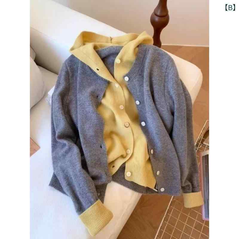 シャドーテールのニットカーディガン レディース 春物 長袖 配色 ドッキングデザイン 襟付き ニットトップス ゆったりサイズ ピンク系 グレー イエロー レッド｜アングル3