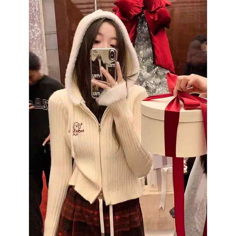 ニット レディース 韓国風 パーカー 長袖 ショート丈 トップス スリム アプリコット 伸縮性 日韓カジュアル 秋冬