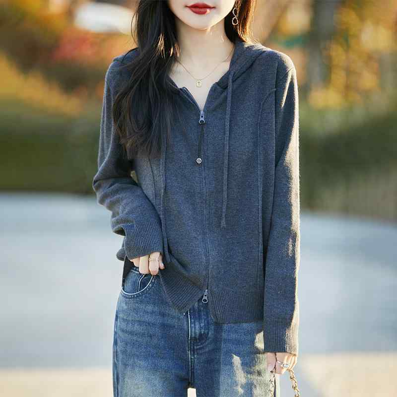 カーディガン レディース ニット 春秋 長袖 ジップアップ パーカー フード付き 幾何学柄 ゆったり 暖かい 伸縮性 かわいい 普段使い 部屋着 グレー レッド