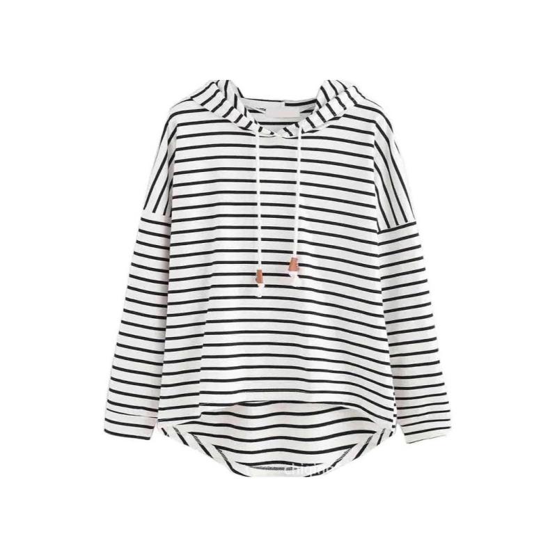 ニット レディース ボーダー柄 パーカー 長袖 プルオーバー トップス カットソー チュニック 婦人服 春夏 カジュアル 薄手 ゆったり 大きめサイズ かわいい 白 ホワイト 黒 ブラック ポリエステル