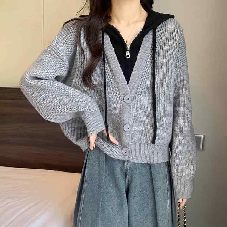 ニットカーディガン レディース グレー 切り替え ドッキング パーカー ミドル丈 ニットセーター ゆった..