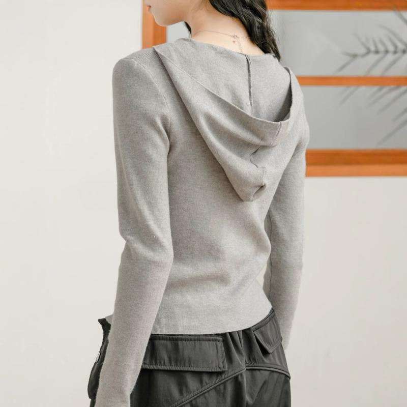 パーカー レディース 春秋 ニット 長袖 灰色 スリム ダブルジップ ショート丈 トップス カーディガン