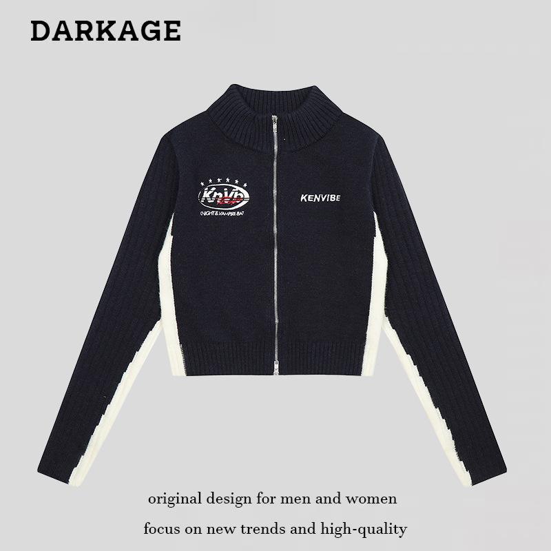 ニット レディース カーディガン アメリカンカジュアル ストリート レーシング 配色 ダブルジップ 刺繍..