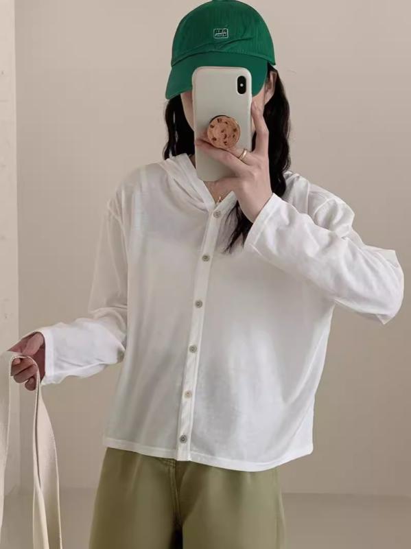 ニットカーディガン レディース 春夏 薄手 長袖 綿混紡 無地 フード付き 紫外線対策 冷房対策 トップス アウター 羽織り 通勤 ゆったりサイズ 白 黒