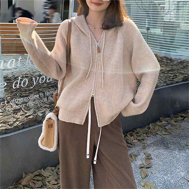 カーディガン レディース ニット ジップアップ パーカー 秋冬 韓国風 無地 ゆったり 普段使い 長袖 トップス 羽織り物 アウター かわいい おしゃれ カジュアル スタイル