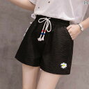 ショートパンツ レディース 綿麻 ワイドレッグパンツ 薄手 ハイウエスト ゆったり 普段使い かわいい 雏菊 刺繍 黒 ピンク系 グリーン 接触冷感