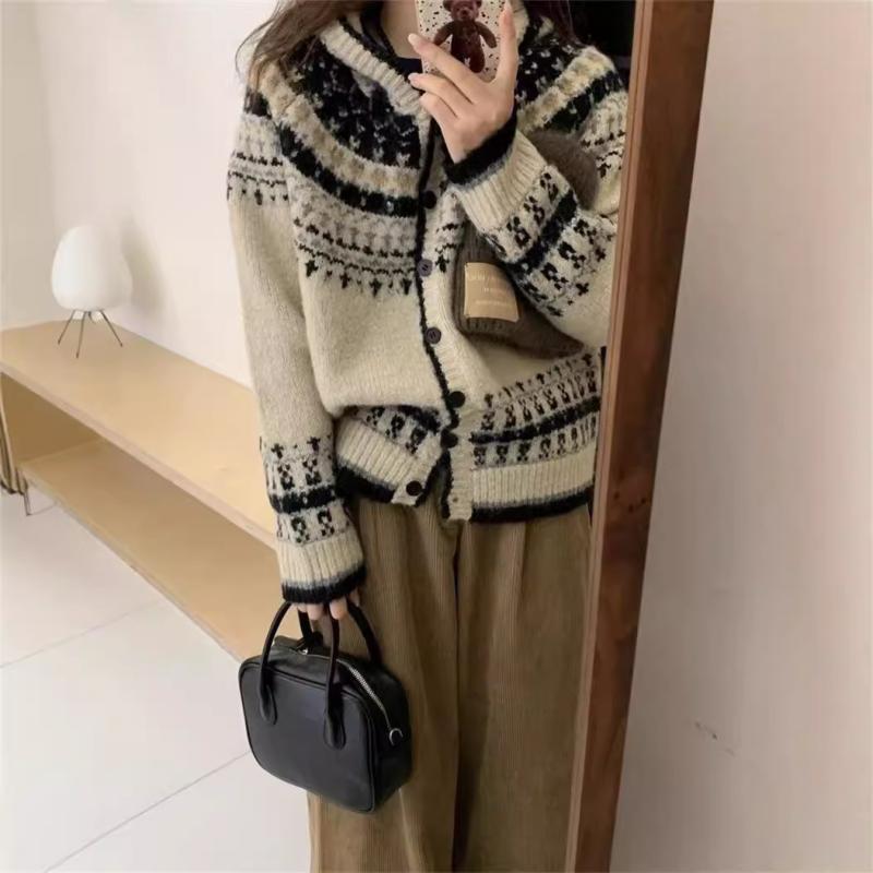 ニットカーディガン レディース 秋冬 レトロ ジャガード柄 フード付き ポリエステル 粘土 ビスコース ゆったり 長袖 ミディアム丈 オフホワイト グレー ブラウン