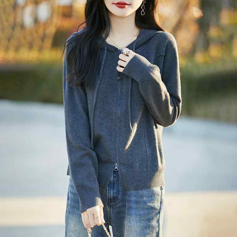 ニット レディース 春物 ジップアップ パーカー カーディガン ウール混紡 ゆったり 長袖 トップス 無地..