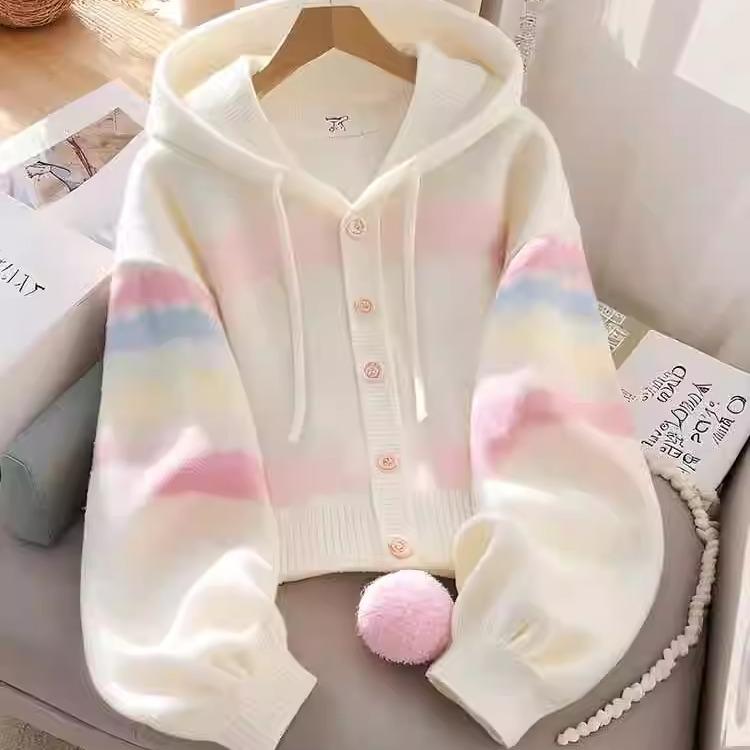 ニットカーディガン レディース 白色系 フード付き ポリエステル 秋冬 ショート丈 トップス 長袖 カッ..