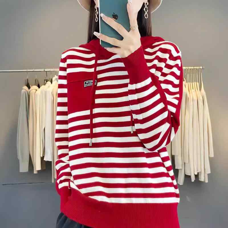 ニット レディース ストライプ 配色 カジュアル フード付き プルオーバー 長袖 トップス 普段使い デイリーユース リラックス ウェア 部屋着 イエロー ピンク系