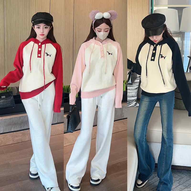 ニット レディース ドッグ インターシャ 配色 ラグラン袖 フード付き プルオーバー 羊毛混紡 普段使い ..