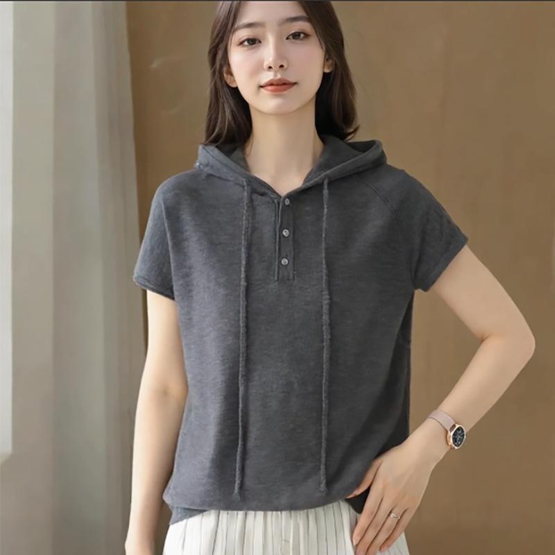 Tシャツ レディース 半袖 Vネック ニット トップス カットソー 綿混紡 無地 薄手 フード付き グレー ト..