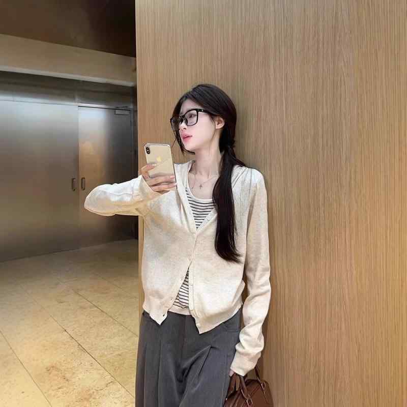 ニット レディース 春秋 韓国風 配色 ボーダー柄 パーカー カーディガン トップス 普段使い かわいい 燕麦 グレー