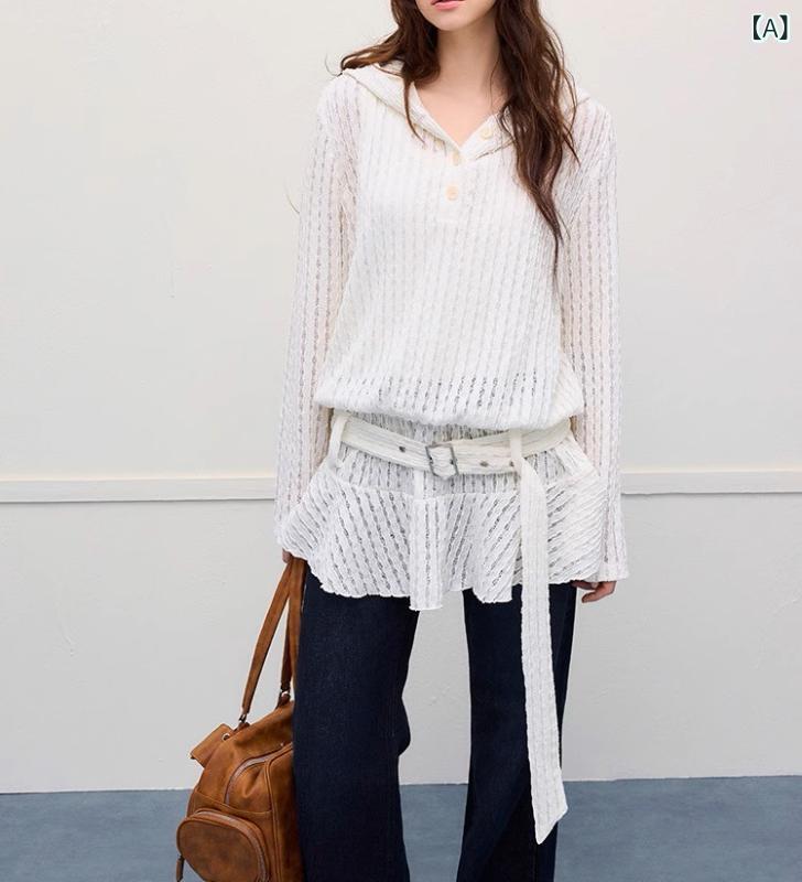 シャドーテールのニットワンピース レディース 春 長袖 レース 襟付き チュニック Aライン ゆったり 膝丈 通勤 かわいい きれいめ｜アングル2