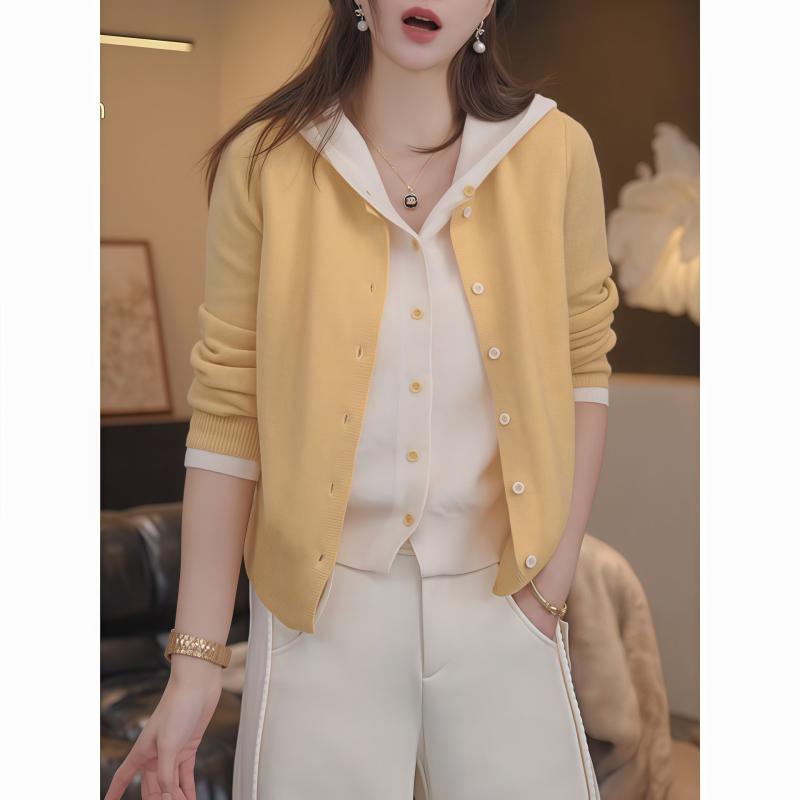 ニット レディース 秋冬 韓国風 配色 切り替え フード付き レイヤード風 デザイン ニットトップス プルオーバー 長袖 ピンク系 イエロー