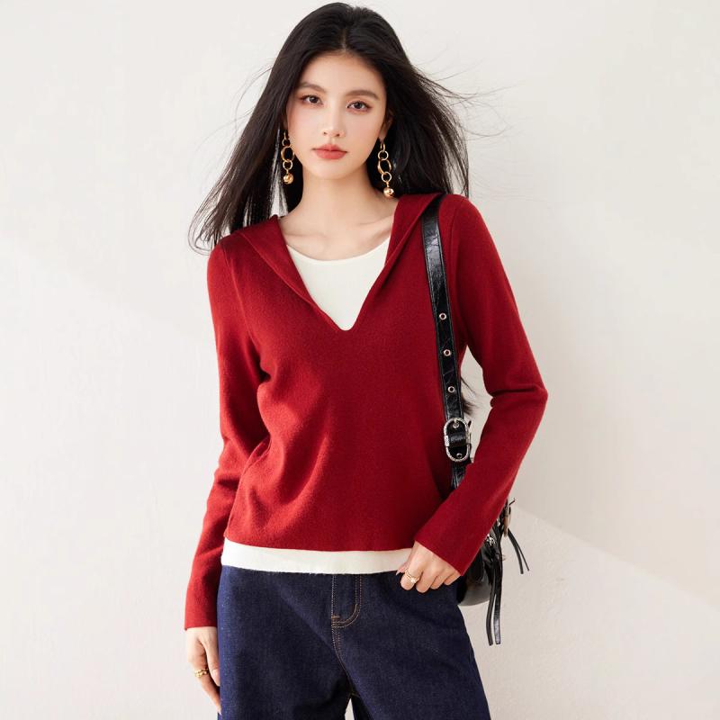 ニット・セーター レディース 春 長袖 粘着性繊維 レッド 赤 撞色 切り替え フード付き カジュアル