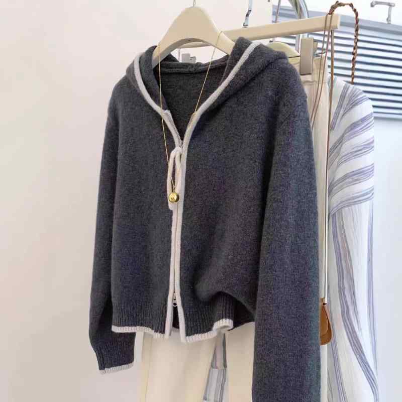 ニット レディース カーディガン 春物 グレー ジップアップ パーカー トップス ショート丈 カシミヤ混紡 ゆったり 通勤着 普段使い