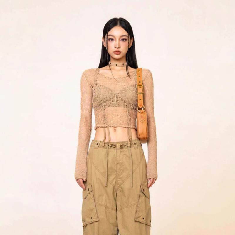 ニット レディース 薄手 透かし編み カーディガン 綿 長袖 ショート丈 へそ出し 欧美風 ストリート サ..