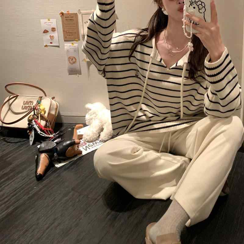 ニット レディース ケーブル編み 配色 ストライプ プルオーバー 長袖 トップス ゆったり かわいい カジ..