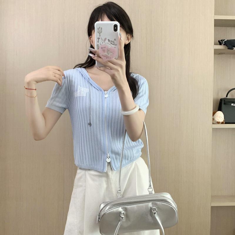 Tシャツ レディース ジップアップパーカー 半袖 ニット カーディガン ショート丈 トップス スリム 薄手..