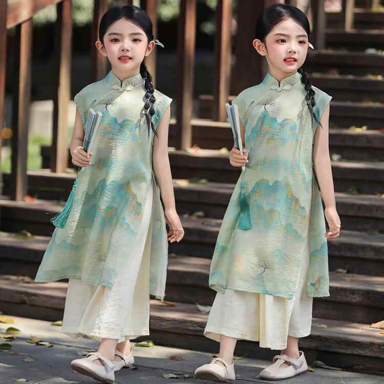 チャイナドレス キッズ ノースリーブ ワンピース パンツ セットアップ 子供服 中華風 麻混紡 山水画柄 B類 100cm 110cm 120cm 130cm 140cm 150cm 160cm 170cm
