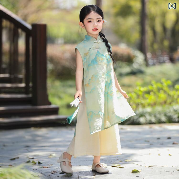 チャイナドレス キッズ ノースリーブ ワンピース パンツ セットアップ 子供服 中華風 麻混紡 山水画柄 B類 100cm 110cm 120cm 130cm 140cm 150cm 160cm 170cm 2