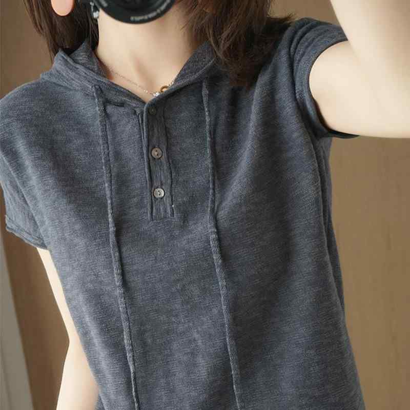 ニット レディース 大きいサイズ ノースリーブ Vネック Tシャツ カットソー 綿 麻混紡 ゆったり フード..