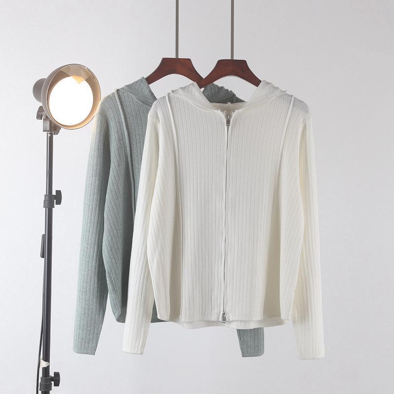 カーディガン レディース ニット パーカー 春秋 トップス 小柄 長袖 粘胶纤维 レーヨン混紡 リブ編み カジュアル 通勤 ブラック ホワイト系