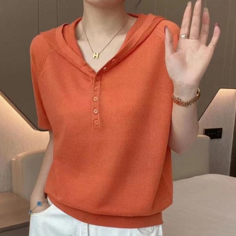 Tシャツ レディース 薄手 ニット カットソー 半袖 フード付き 接触冷感 プルオーバー トップス 無地 オレンジ ピンク系