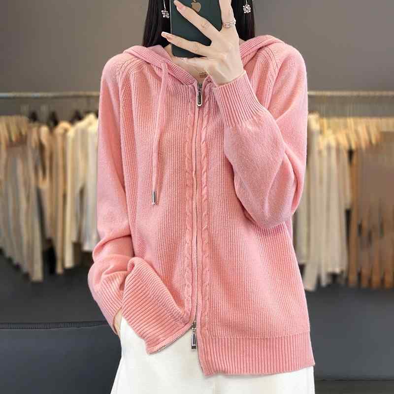 ニット レディース ニットカーディガン フード付き 長袖 無地 カジュアル トップス チュニック丈 橙色 ..