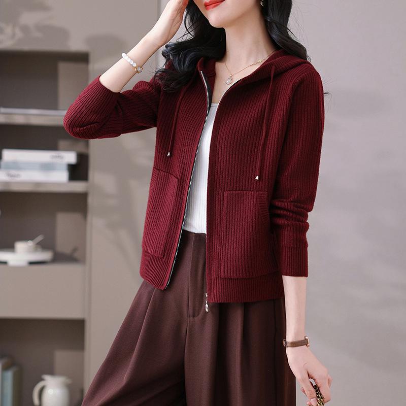 カーディガン レディース ニット トップス 春秋 長袖 パーカー ジップアップ ポリエステル 伸縮性 Aライン かわいい カジュアルスタイル