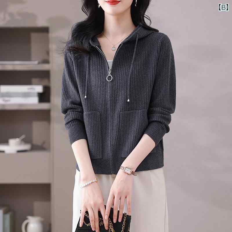 シャドーテールのカーディガン レディース ニット トップス 春秋 長袖 パーカー ジップアップ ポリエステル 伸縮性 Aライン かわいい カジュアルスタイル｜アングル3