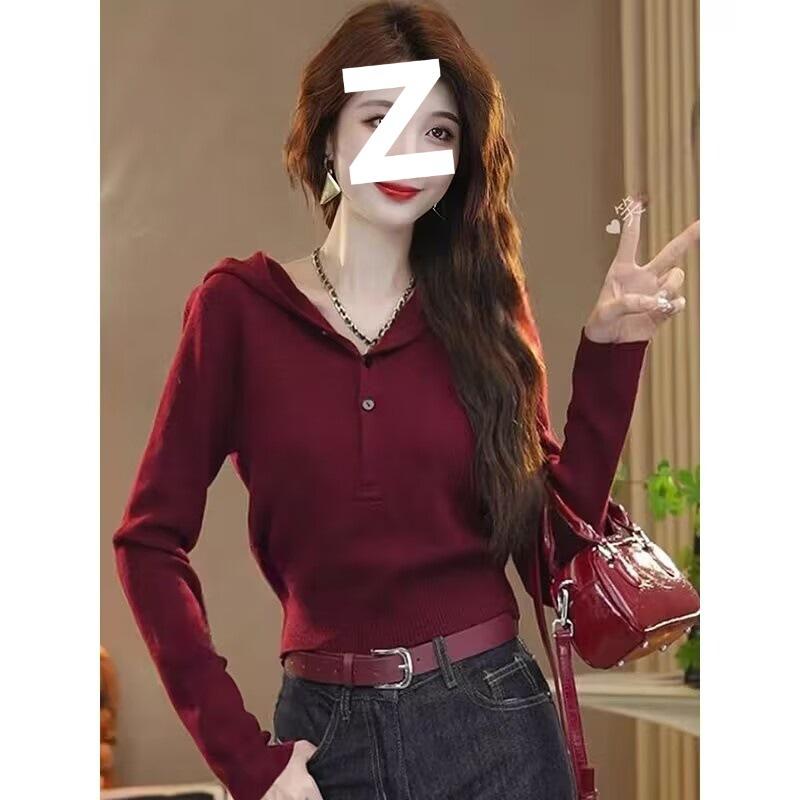 ニット レディース ニットトップス 長袖 秋冬 連帽 無地 プルオーバー 細見え ブラック レッド グレー