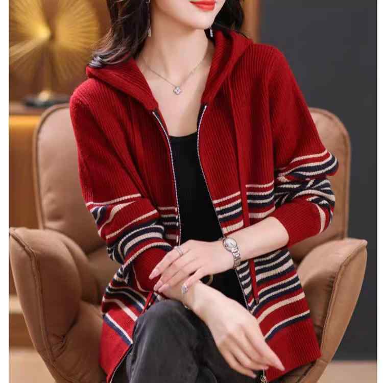 カーディガン レディース 秋冬 ストライプ柄 ジップアップ ニット 暖かい 長袖 フード付き セーター トップス ゆったり ミックスカラー カジュアル