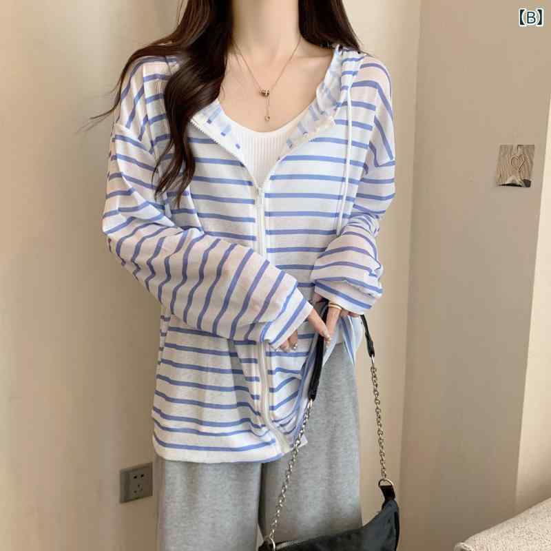ジャケット レディース 薄手 アウター 春夏 カジュアル 韓国風 ストライプ柄 婦人服 長袖 ジップアップ 普段使い ポリエステル
