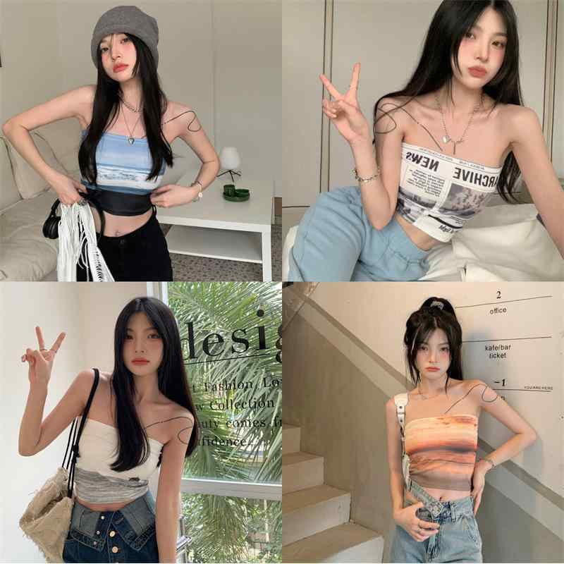 キャミソール レディース 韓国風 ノースリーブ トップス ショート丈 へそ出し セクシー チューブトップ スタイリッシュ サマー 大海柄 報紙柄 晚霞柄 普段使い