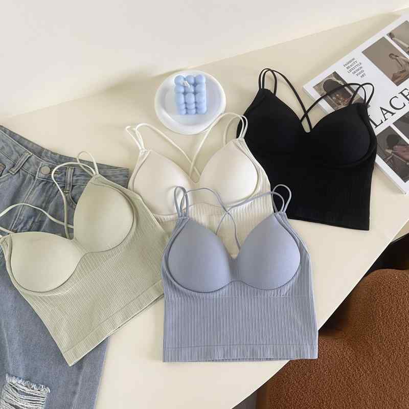 ブラジャー レディース クロスストラップ チューブトップ カップ付き インナー 背中見せ 肌着 ノンワイヤー 伸縮性 無地 ブラック ベージュ ブルー ピンク グリーン グレー(4.0)