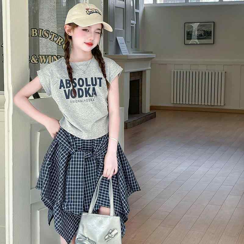 楽天シャドーテール子供用セットアップ ノースリーブトップス チェック柄スカート 2点セット 女の子 夏服 ガールズ キッズ 普段着 かわいい 涼しい ポリエステエル