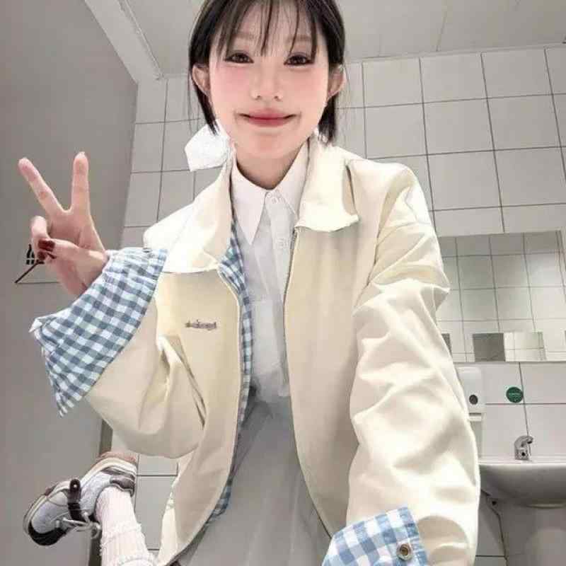 ジャケット レディース 格子柄 ブルゾン リバーシブル 春アウター ショート丈 ゆったり ポリエステル 長袖 トップス アプリコットカラー 新品 S M L XL 2XL 3XLサイズ