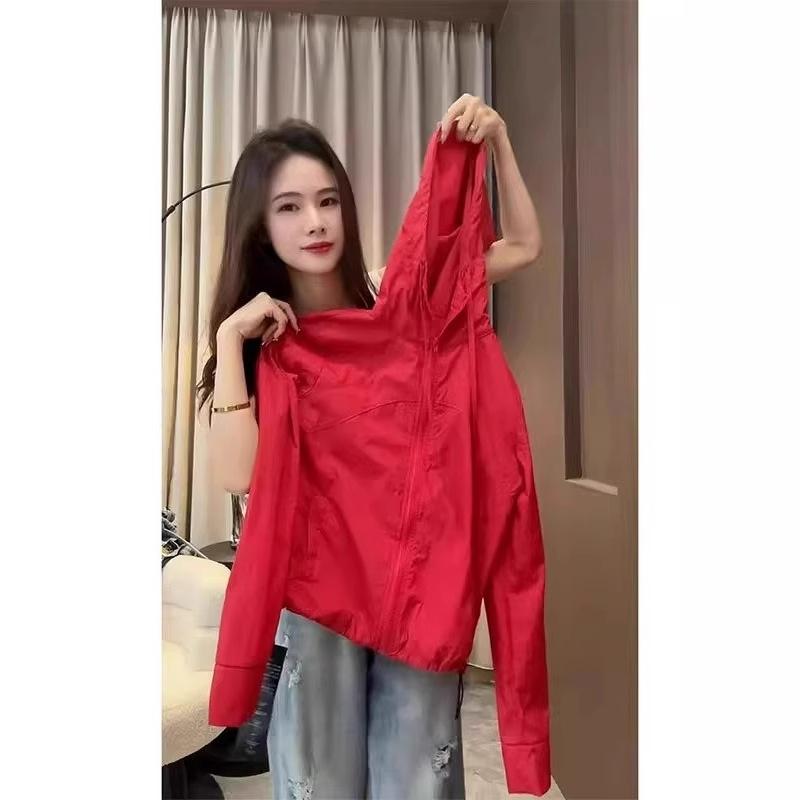 Other Jackets Jumpers - アウター レディース パーカー 赤色 薄手 ポリエステル 軽アウター フード付き 長袖 ショート丈 トップス 通勤 春夏 レッド/ブラック