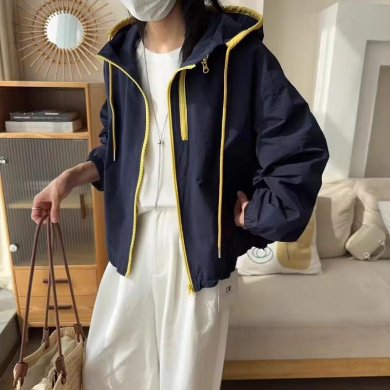マウンテンパーカー レディース 配色切り替え フード付き ジャケット 紺色 黄色 水色 アイボリー ポリエステル 普段使い ゆったり 長袖