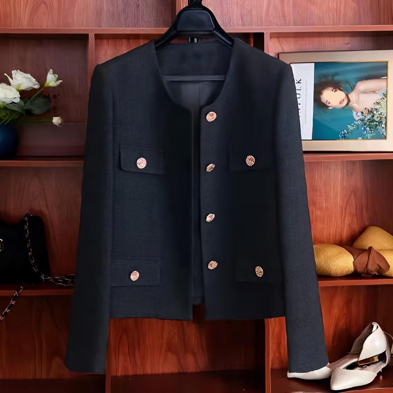 Other Jackets Jumpers - ジャケット レディース 春秋 ショート丈 ブラック ツイード風 丸首 長袖 アウター 通勤 きれいめ エレガント