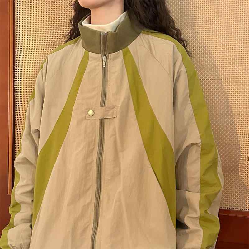 ジャケット レディース 配色 切り替え デザイン 立襟 野球服風 ブルゾン ジャンパー アウター 秋冬 通勤 ゆったり グリーン