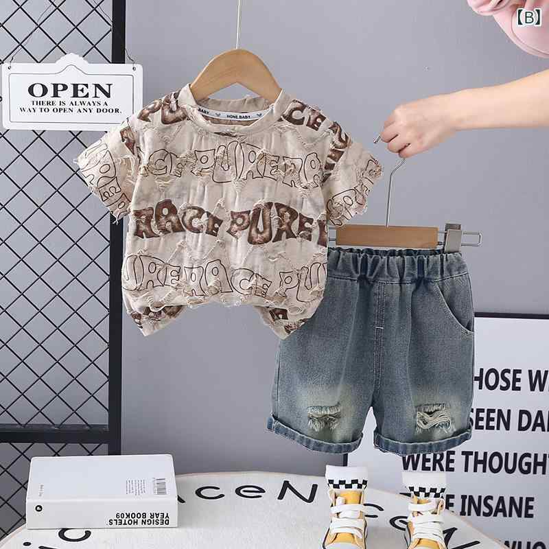 Tシャツ 男の子 半袖 Tシャツスーツ 破洞 ジーンズ ダメージデニム カットソー トップス キッズ 子供服 上下セット パンツ カジュアル 英語プリント アルファベット shadowtail-11170382 シャドーテール サンプル画像3